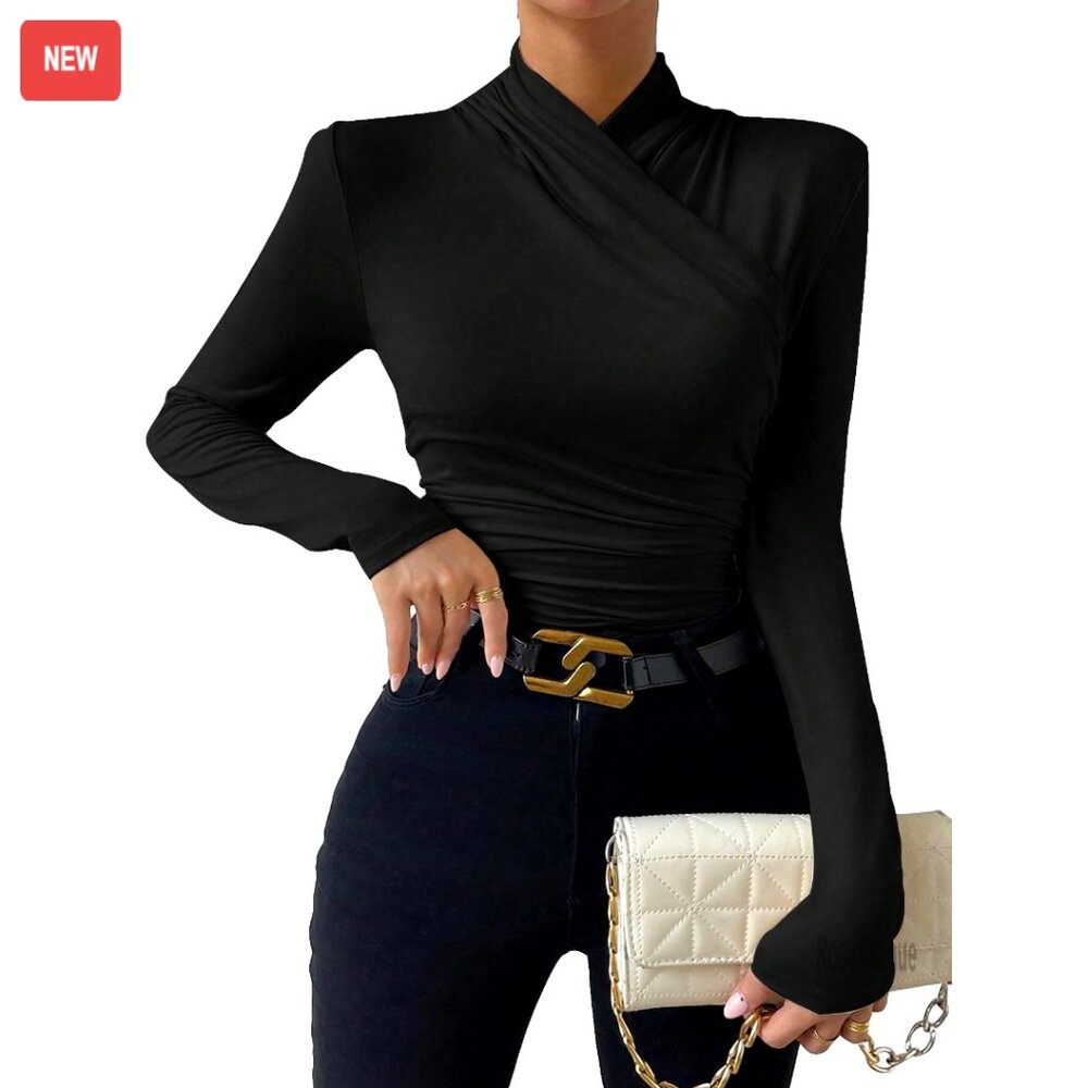 Ruched Mock Neck Long Sleeve Slim Fitted Tee Polyester Top